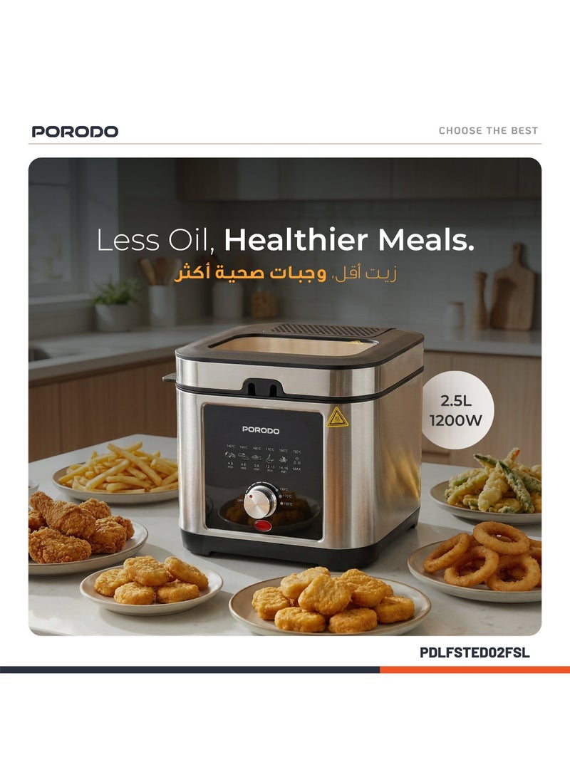 بورودو مقلاة كهربائية لايف ستايل سعة 2.5 لتر بقوة 1200 واط مع درجة حرارة قابلة للتعديل، سلة قلي قابلة للغسل، مقبض بارد الملمس، غطاء قابل للإزالة، صينية ووعاء غير لاصقين، نظام تهوية متطور، مصنوعة من الفولاذ المقاوم للصدأ، تحكم دقيق في الطهي، قوة قلي ذكية، مؤشر ضوئي - فضي - Image 5